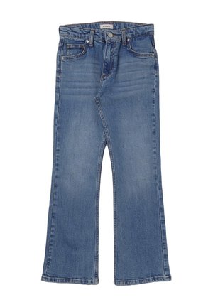 Jeans a zampa d'elefante in denim blu con vita media, cinque tasche e lavaggio sbiadito. Presentano dettagli di cucitura e chiusura con bottone davanti.