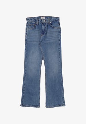 Blauwe spijkerbroek met flared pijpen, een middelhoge taille, vijf zakken en een vervaagde wassing. Kenmerkt stikseldetails en een knoopsluiting aan de voorkant.