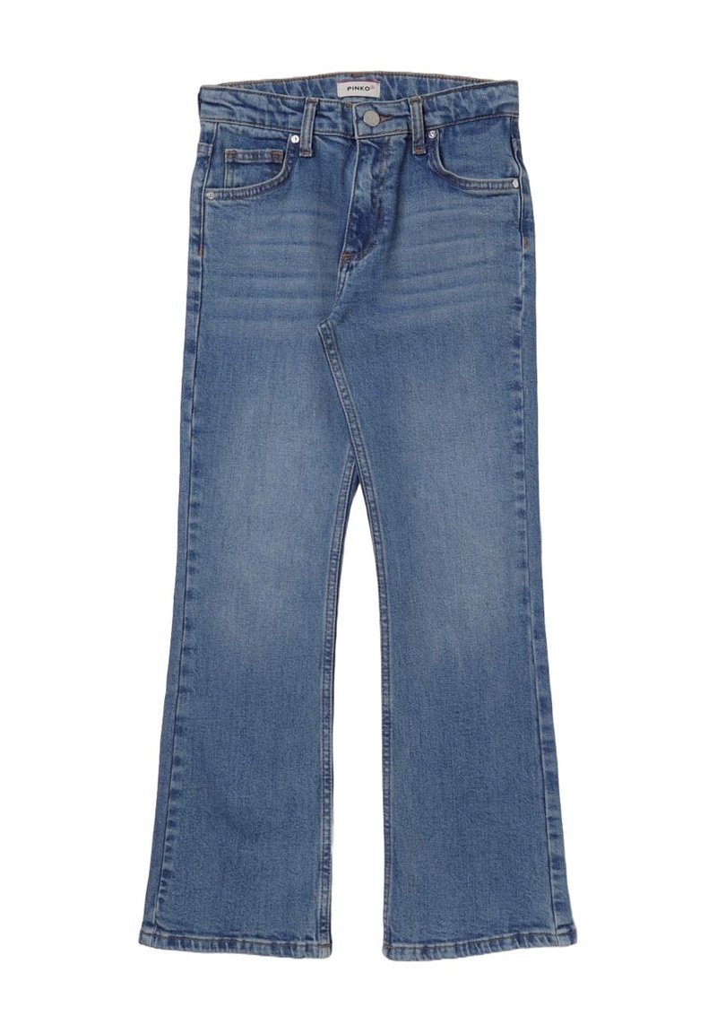 Jean en denim bleu évasé avec une taille mi-haute, cinq poches et un délavage. Présente des détails de couture et une fermeture à boutons à l'avant.