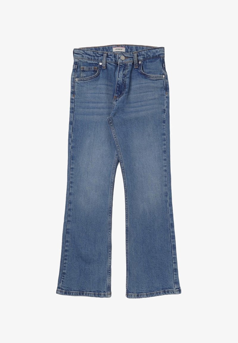 Jean en denim bleu évasé avec une taille mi-haute, cinq poches et un délavage. Présente des détails de couture et une fermeture à boutons à l'avant.