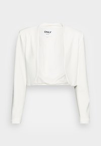 Valkoinen pitkähihaisen cropped-takkinsa auki oleva etuosa ja kaulus, esillä litteänä vaaleaa taustaa vasten.