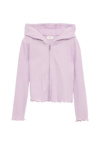 Lavendelfarbenes, geripptes Zip-Hoodie mit gewelltem Saum und Bündchen. Verfügt über eine breite Kapuze und einen glatten Reißverschluss. Weicher, strukturierter Stoff für mehr Komfort.