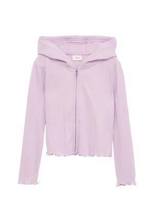 Lila geribbelde rits-hybride hoodie met een scalloped zoom en manchetten. Heeft een brede capuchon en een gladde rits. Zachte, gestructureerde stof voor comfort.