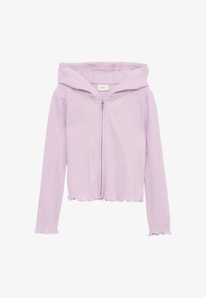 Fioletowa, prążkowana hoodie na zamek z falbaniastym wykończeniem dołu i mankietów. Posiada szeroki kaptur i gładki zamek. Miękka, teksturowana tkanina zapewniająca komfort.