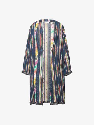 Multicolored kimono-style outerwear featuring a patterned design with zigzag and diamond motifs, open front, and fringed edges.