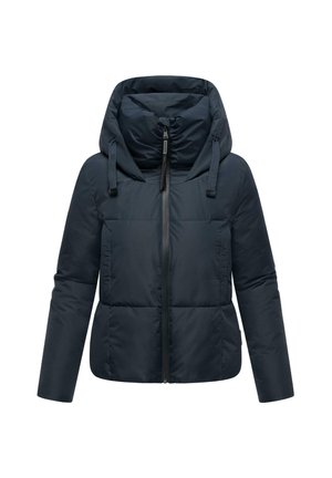 Giacca imbottita di colore blu navy scuro con cappuccio, dotata di zip frontale, cordini regolabili e texture trapuntata per isolamento.