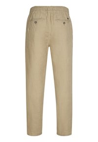 Pantalons en lin beige avec une taille élastique, deux poches arrière avec des boutons et un design à jambe droite. Texture douce et tissu léger.