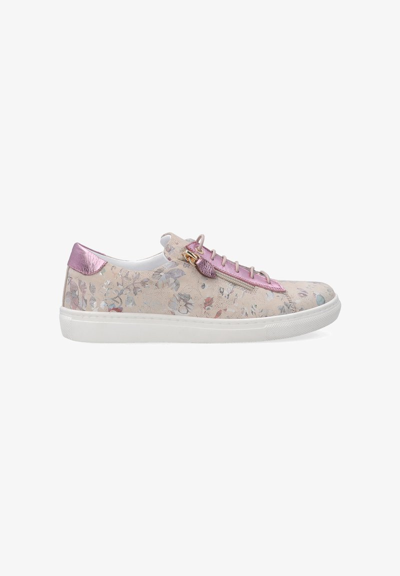 Floral-patterned sneakers made of beige material, featuring pink metallic accents, white sole, and flat laces with a zip design.