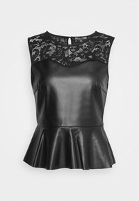 Top peplum nero in pelle con yoke in pizzo a forma di scallop, design senza maniche, texture liscia e chiusura a chiave sul retro.