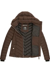 Brązowa kurtka ocieplana z kapturem, z pikowanym wzorem, zamkiem błyskawicznym i wewnętrzną kieszenią. Podszyta ciemnym materiałem dla kontrastu.
