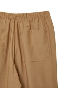 Pantaloni marroni leggeri con una vita elastica, dotati di due tasche posteriori e una texture liscia. Design semplice senza motivi visibili.