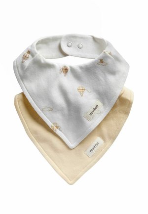 To hagesmække med trykknapper; den ene hvid med varme luftballonprints, den anden ensfarvet beige, begge mærket "newbie."