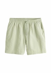 Shorts décontractés vert clair avec taille élastique, cordon de serrage, poches latérales et fines rayures verticales texturées.