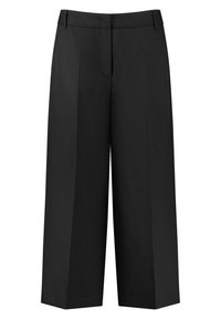 Svarta vida byxor i ett slätt tyg, med en framfåra, skräddarsydd midja och längd till mitten av vaden. Inga synliga fickor.