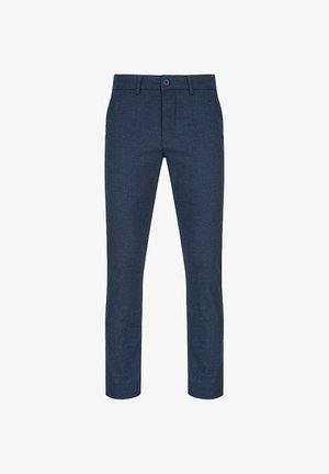 Spodnie w kolorze granatowym wykonane z gładkiego materiału, z płaskim przodem, prostymi nogawkami, szlufkami na pasek oraz pojedynczym zapięciem na guzik.