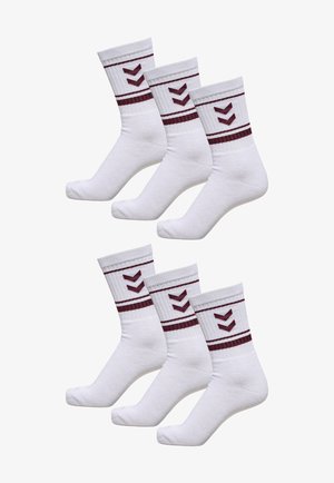 Cotton blend crew socks in white with maroon accent stripes and chevron patterns. Six pairs total, ribbed cuff and reinforced heel.