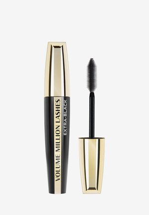 Czarna i złota tubka tuszu do rzęs oznaczona Volume Million Lashes Extra-Black z dopasowaną szczoteczką obok na białym tle.