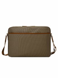 Rectangular laptop bag in olive green fabric with textured stripes. Features a brown leather trim, zippered front pocket, and adjustable strap.
