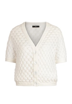 Weißer Kurzarm-Cardigan mit strukturiertem Bubble-Strickmuster und vier vorderen Knöpfen, mit V-Ausschnitt und gerippten Kanten.