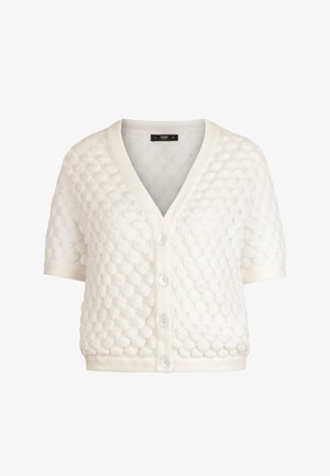 Valge lühikeste varrukatega kardigan, millel on tekstuurse mullilise kootud mustriga ja neli esimest nuppu, V-kaeluse ja soonikservadega.