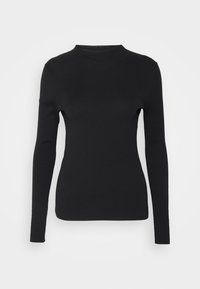 Pull en maille côtelée noir à manches longues avec un col haut. Confectionné dans un tissu extensible, il présente une coupe ajustée et une texture lisse.