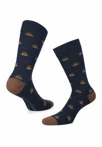 Ciemnoniebieskie skarpetki z brązowymi akcentami i powtarzającym się wzorem jasnobrązowych kapeluszy, z prążkowanymi mankietami oraz wzmocnionym obszarem palców i pięt.