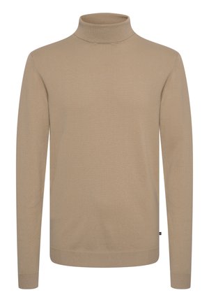 Beige Rollkragenpullover aus weichem Strickmaterial. Mit langen Ärmeln, hohem Kragen und einer schlichten Textur in taillierter Form.