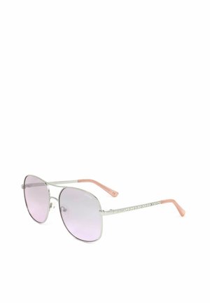 Occhiali da sole aviator argento con lenti viola chiaro, finali rosa delle aste e dettagli di strass sulle aste, esposti su sfondo bianco.