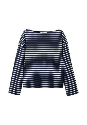 Maglietta a maniche lunghe blu navy con righe orizzontali bianche e scollo rotondo ampio, mostrata su sfondo bianco.