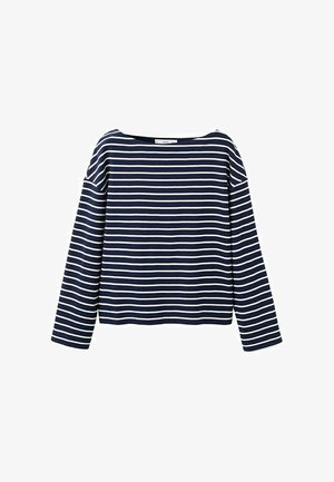 Modro-námornícka modrá košeľa s dlhými rukávmi, bielymi horizontálnymi pruhmi a širokým okrúhlym výstrihom, zobrazená na bielom pozadí.