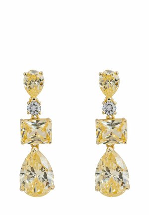 Gouden oorbellen met drie gele zirconia stenen in peervorm, rond en rechthoekig, met een gladde afwerking en heldere accenten.