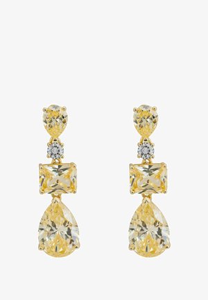 Arany színű fülbevalók, három sárga cúbikus zirkóniával, körte, kerek és téglalap alakban, sima felülettel és világos díszítéssel.