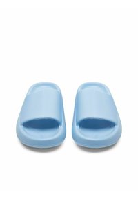 Heledad sinised liblikad tekstureeritud ülemise riba ja avatud varbaga. Tehtud paindlikust plastmaterjalist, sileda ja lamedate tallaga.