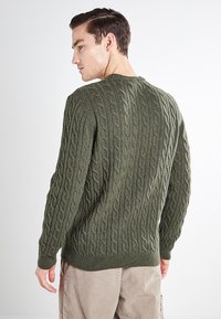 Pull en tricot de couleur vert foncé avec un motif en relief de câble, doté d'un col rond et de bords côtelés aux poignets et à l'ourlet.