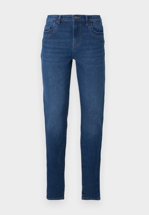 Donkerblauwe denim jeans met een slim fit, voorzien van vijf zakken, riemlussen en een rits met knoopsluiting. Soepele textuur.