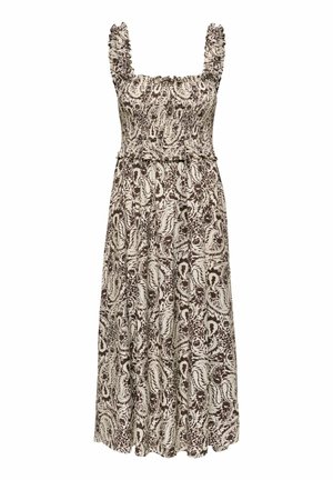 Ærmeløs brun og beige paisley-print midi-kjole med rynket bodice og flæsekanter på stropper og kant.