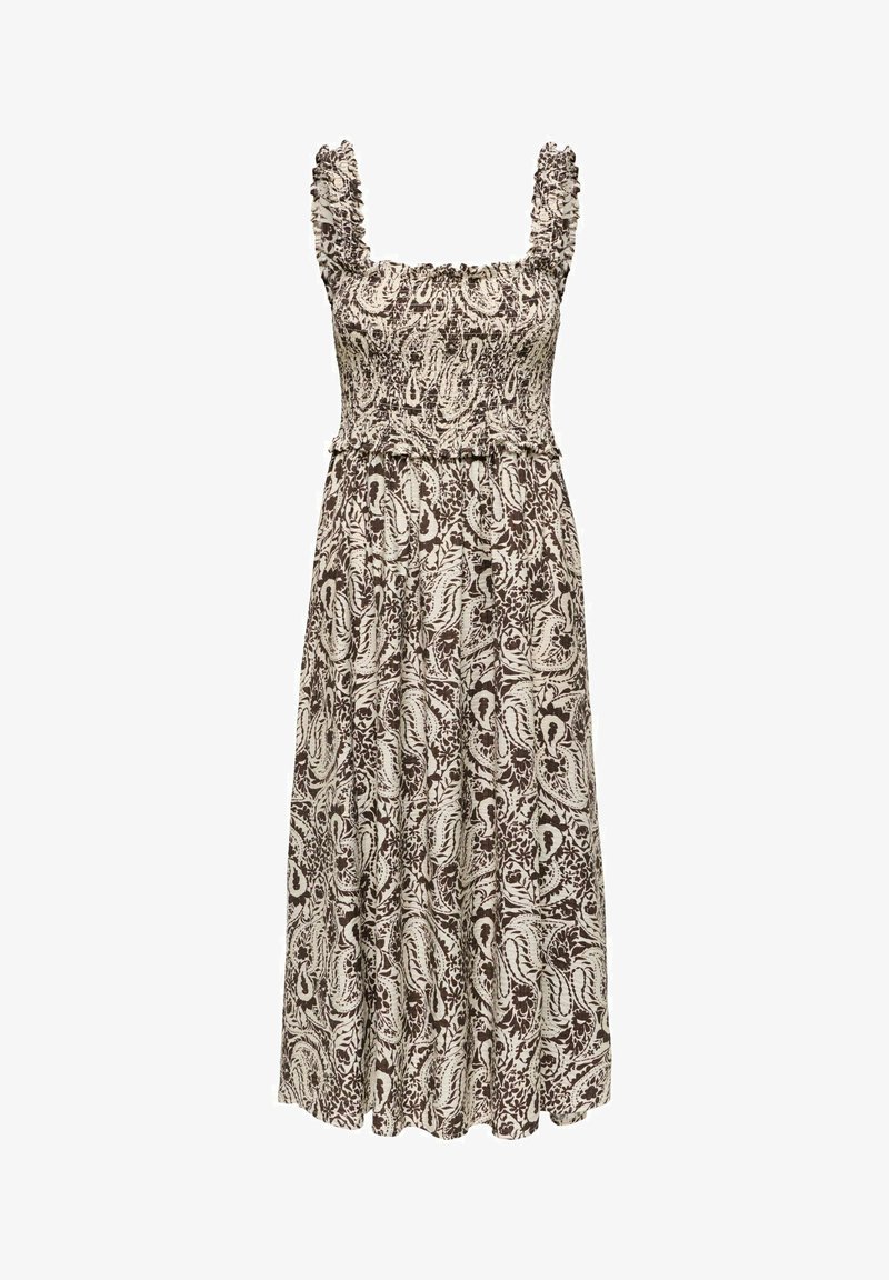 Robe midi sans manches imprimée paisley marron et beige avec corsage froncé et bretelles ainsi que ourlet à volants.