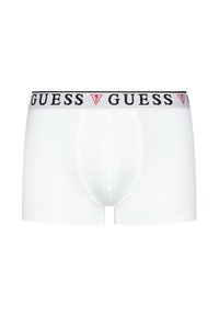 Fehér boxer alsónadrág sima anyagból, fekete elasztikus derékkal, rajta a "GUESS" logóval és piros háromszögű díszítéssel.