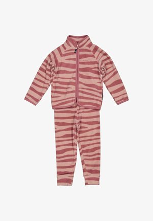 Fleece pyjamas sæt i lys pink med mørk pink striber; inkluderer zip-up jakke med høj krave og matchende bukser med afsluttede ankler.