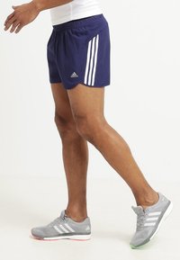 Námořnické sportovní šortky se třemi bílými pruhy na straně, vyrobené z lehkého materiálu. Doplněné šedou běžeckou obuví s růžovými akcenty.