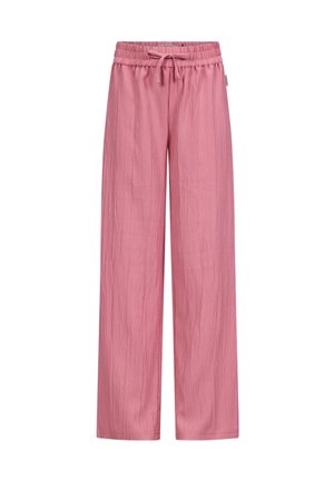 Lyserøde bukser med vide ben lavet af tekstureret stof, med elastik i taljen og justerbar snøre. Enkelt design uden synlige mønstre eller detaljer.