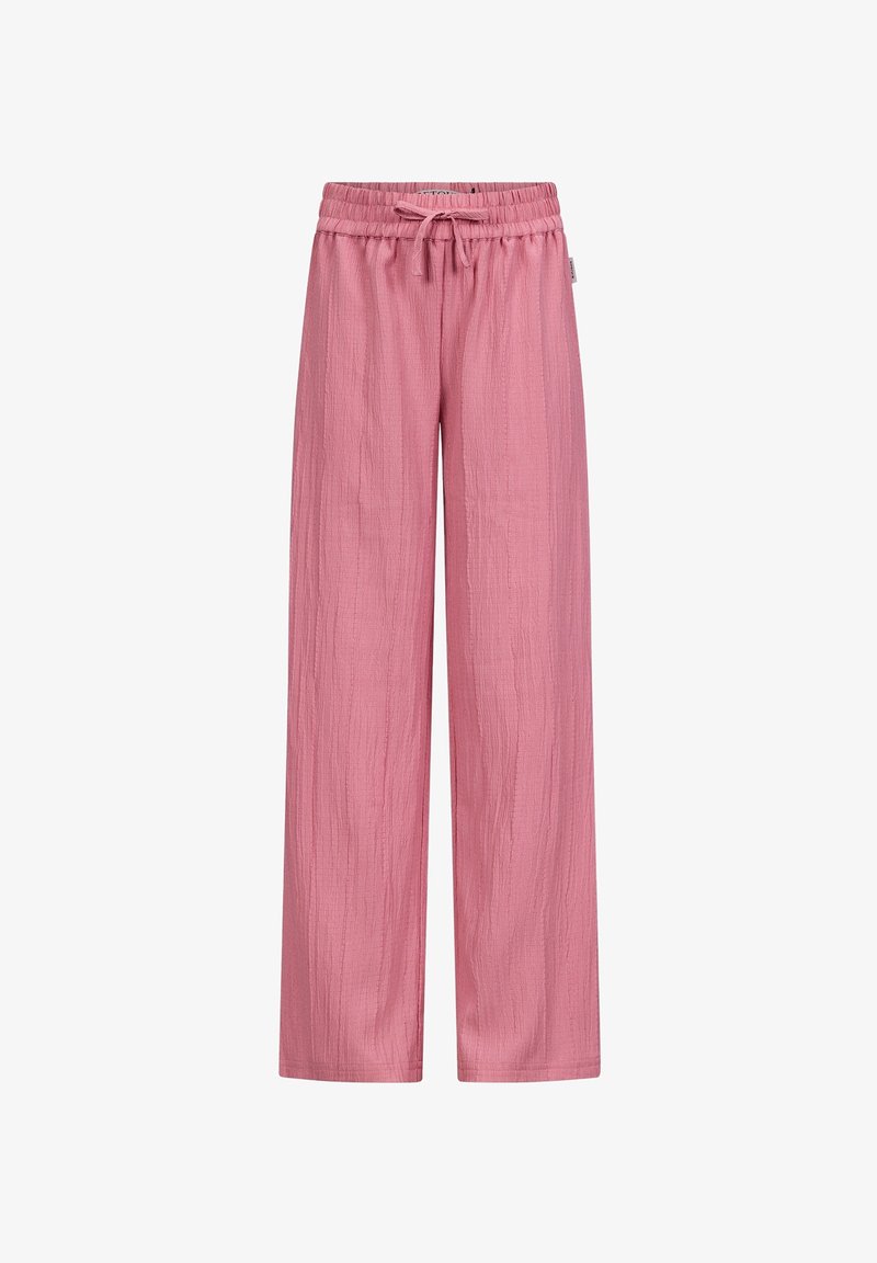 Roze broek met wijde pijpen van gestructureerde stof, voorzien van een elastische tailleband met een trekkoord. Eenvoudig ontwerp, zonder zichtbare patronen of accenten.