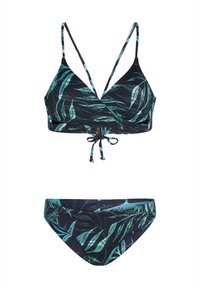 Bikini a due pezzi con stampa di foglie tropicali blu e verdi, con top avvolgente e spalline sottili, dettagli da annodare nella parte anteriore.