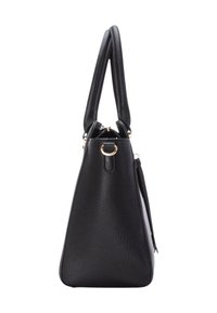 Bolso de cuero negro con una superficie texturizada, forma estructurada y doble asa. Presenta un detalle de hardware en tono dorado en la parte superior.