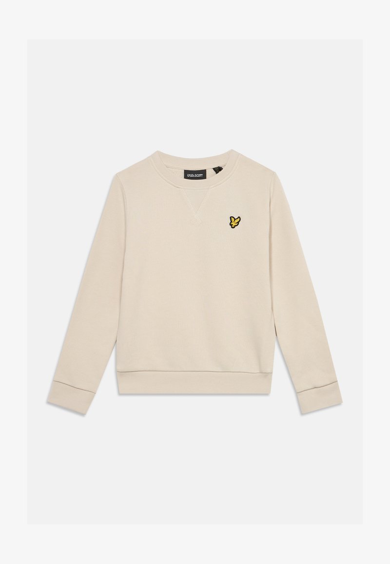 Sweat-shirt beige à manches longues et col rond avec un petit logo oiseau jaune et noir sur la poitrine gauche, avec poignets et ourlet côtelés.