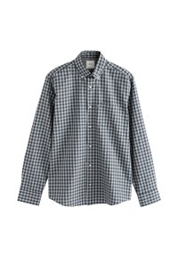 Károvaná košeľa s dlhým rukávom v námorníckej modrej, sivej a bielej farbe. Golier na gombíky, predná kapsa a klasický strih. Vyrobená z ľahkej bavlnenej tkaniny.