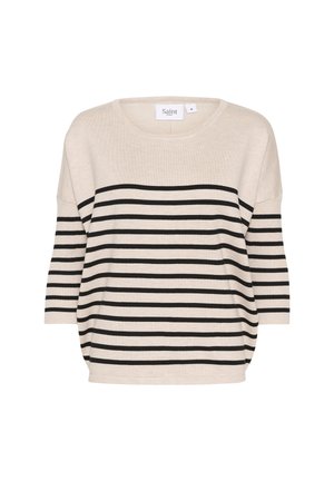 Beige knitted sweater with black horizontal stripes, wide round neckline, and three-quarter sleeves. Casual, relaxed fit with side slits.