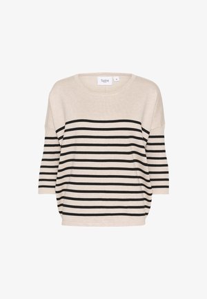 Beežist kinnitatud sviiter mustade horisontaalsete triipudega, laia ümmarguse kaelusega ja kolmeveerandi varrukatega. Üksik, lõdva istuvusega, külgrihmadega.