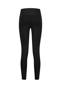 Zwarte leggings met een hoge tailleband, gemaakt van rekbaar materiaal. Het ontwerp is simpel, met een gladde textuur en geen zichtbare naden.