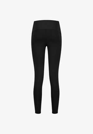 Zwarte leggings met een hoge tailleband, gemaakt van rekbaar materiaal. Het ontwerp is simpel, met een gladde textuur en geen zichtbare naden.